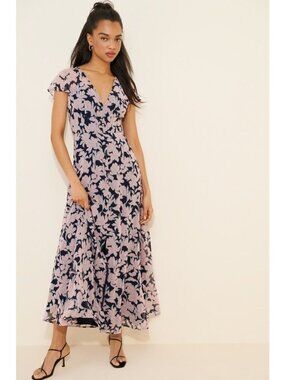 Hutch Ruffle Sleeve Floral Maxi Dress With V-Neck Button Front In Pink Navy